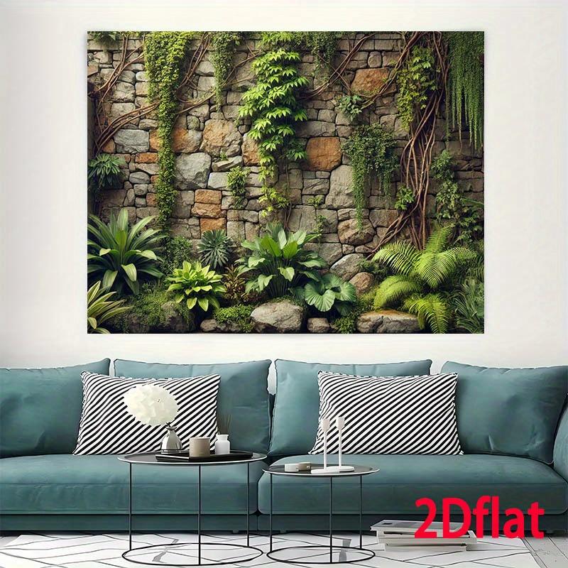 2D Plane, 1pc Lush Ivy and Stone Wall Polyester Background - Realistic Green Moss-covered Rock Design