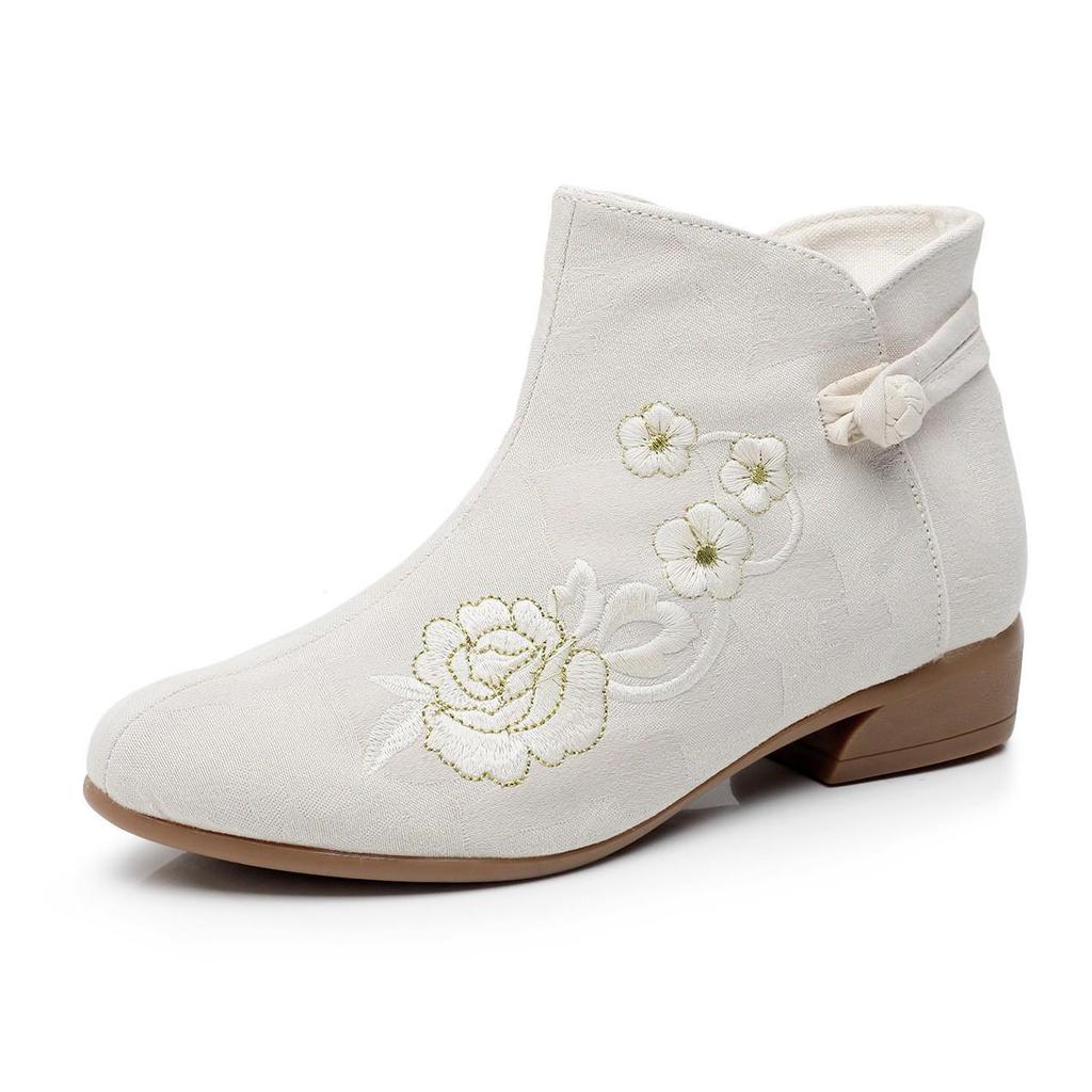 2025 Autumn/Winter Retro Ethnic Embroidered Chunky Heel Mid-Calf Women's Ankle Boots