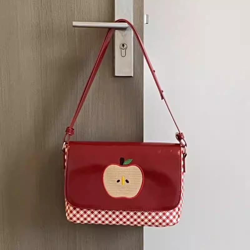 Japanese Style Cute Red Apple Plaid Shoulder Bag Women Premium Contrast Color Leather Crossbody Bag Ladies Sweet Vintage Handbag