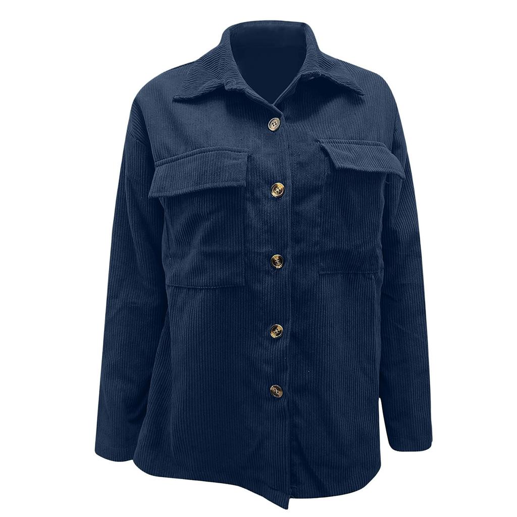 Women's loose corduroy button-down long-sleeved blouse with double pockets