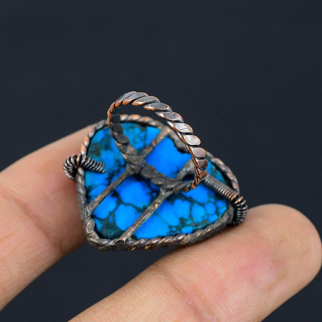 Tibetan Turquoise Gemstone Copper Wire Wrapped Handmade Jewelry Ring For Wedding Gift