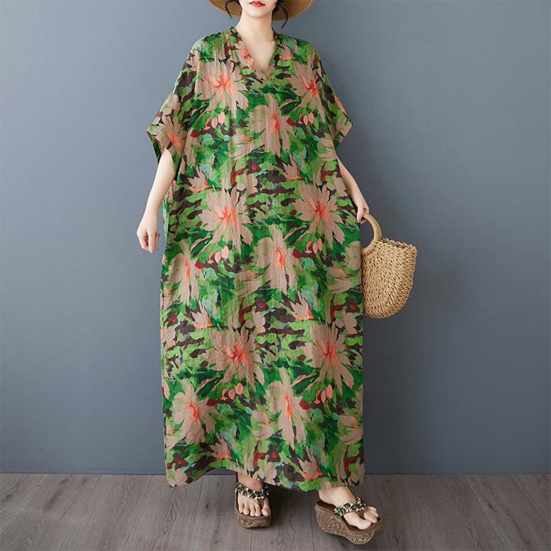 

Летний Новый Цвет Отпускной Стиль Путешествия V-образный вырез Ретро Длинные Платья Хлопок Лен Платье One Size