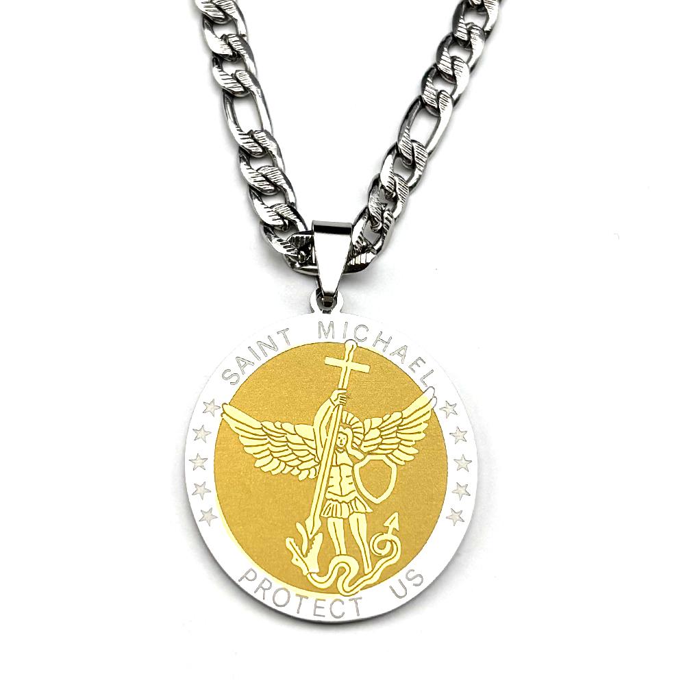Archangel SAINT MICHAEL PROTECT US Round Pendant Necklace for Women Men Stainless Steel Gold Color Chtistian Chain Jewelry Gift