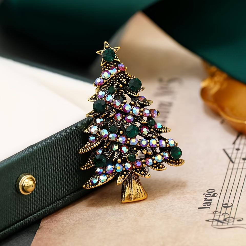 Vintage Christmas Tree Brooch Pin with Colorful Star Accents – Elegant Zinc Alloy Jewelry Gift for Women, Holiday Parties Christmas Jewelry