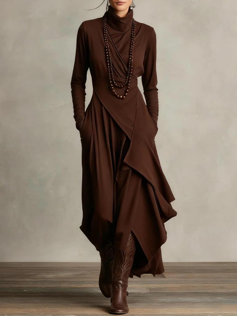 2025 European Women's Solid Color Long Sleeve Turtleneck Maxi Dress