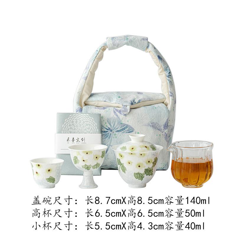 

Hand-painted Gardenia Travel Tea Set Kit Aesthetic 1 Bowl 2 Cups Tea Maker Organizer Portable Camping Handbag Tableware Supplies