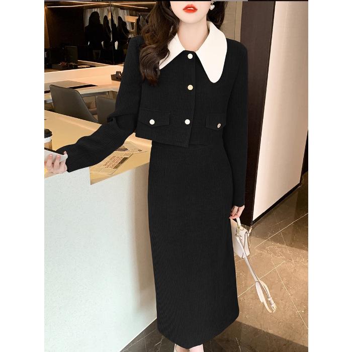 

French vintage corduroy suit women s autumn contrast doll collar short coat + slimming half length skirt two-piece set S чёрный
