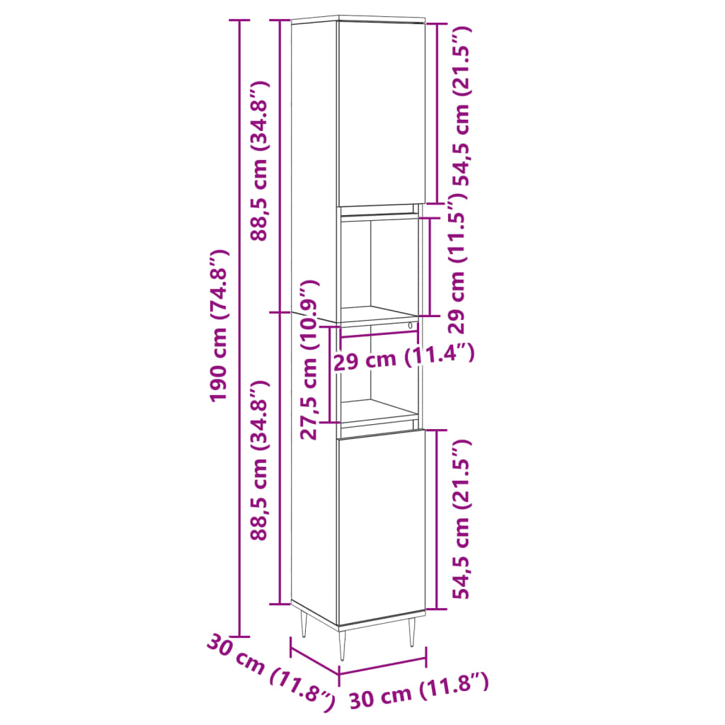 Bathroom Cabinet in Sonoma Oak 30 x 30 x 190 cm Particleboard