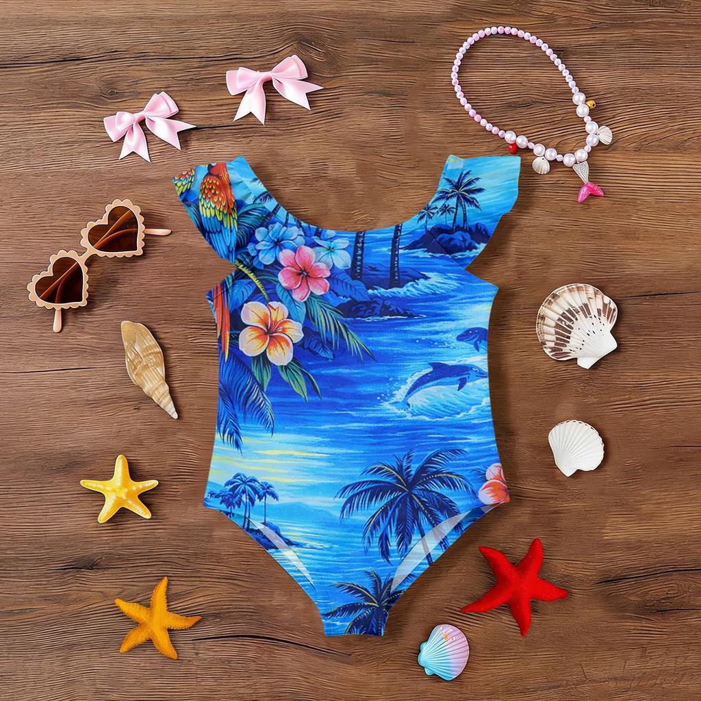 Girls One Piece Swimsuit Hawaiian Print Sleeveless Ruffle Shoulder Swimwear Kids Beachwear Bathing Suit for Summer Pool Water Activities