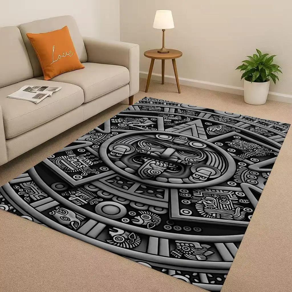 Retro Aztec Totem Maya Mask Sun God Living Room Non-Slip Area Rug Soft Carpet For Bedroom Sofa , Easy Clean Home Doormat Playmat