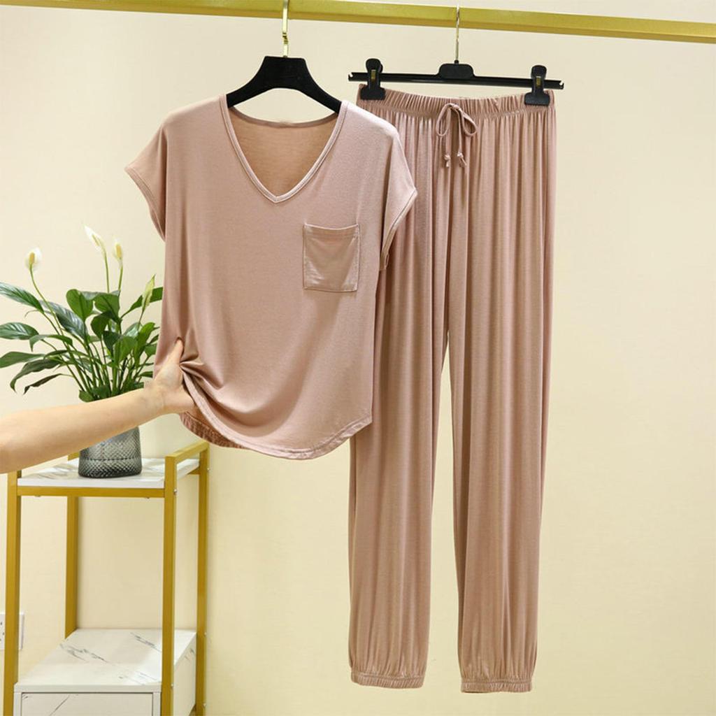 Women's Fashion Solid Color Home Pajamas  V-Neck Pockets Short-Sleeved Pants Wearable Versatile Two-Piece Suit
