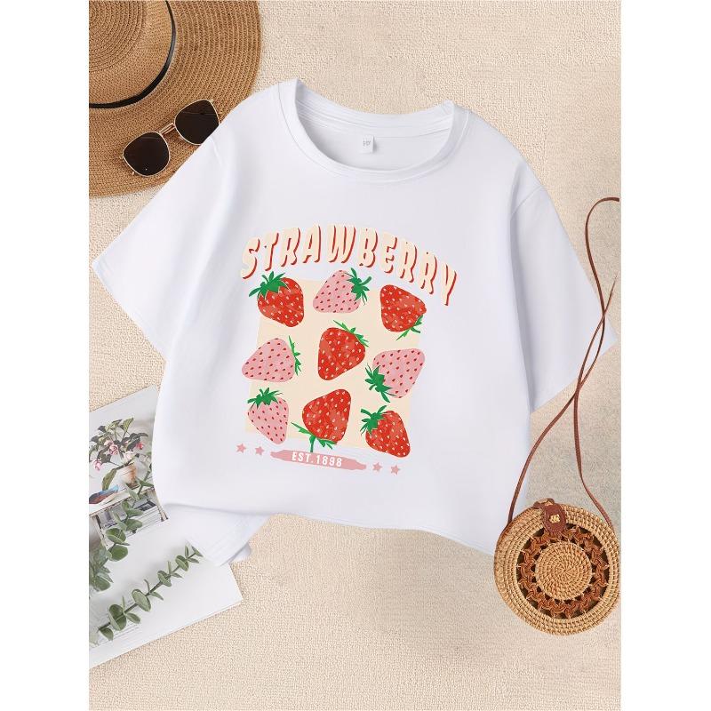 Kids Crewneck T-Shirt, Limited Edition Princess Strawberry Illustration Print 110