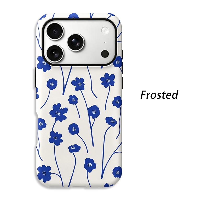 Clean Serene Indigo Blue Stem Floral Pattern Art Film Aesthetic Protective Shockproof Bumper Case Cover For iPhone 14 15 16 Pro Max Plus