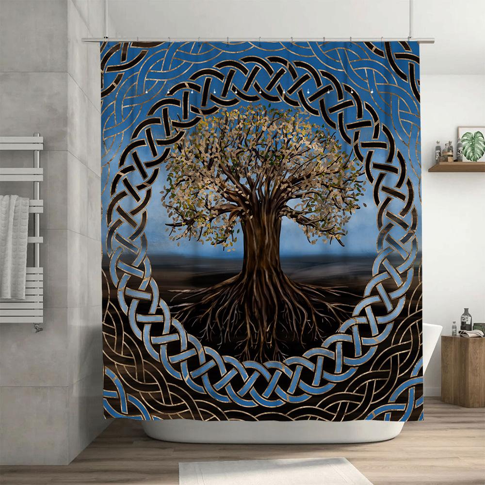 Unique Celtic Tree Shower Curtain 180 X 175Cm Waterproof Bath Decor In Gold Blue For Bathroom Aesthetic Home Decoration Artistic