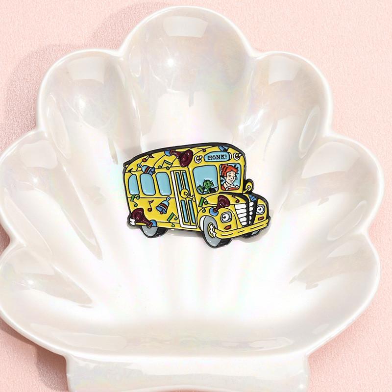 Brooch Unique Metal With Creative Bus Shaped Design And Playful Red Haired Girl Cartoon For Personal Flair