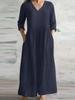 New Casual Women Loose Long Maxi Dress V Neck Half Sleeves Simple Style Cotton Linen Vestido Lady Dress for Spring Autumn