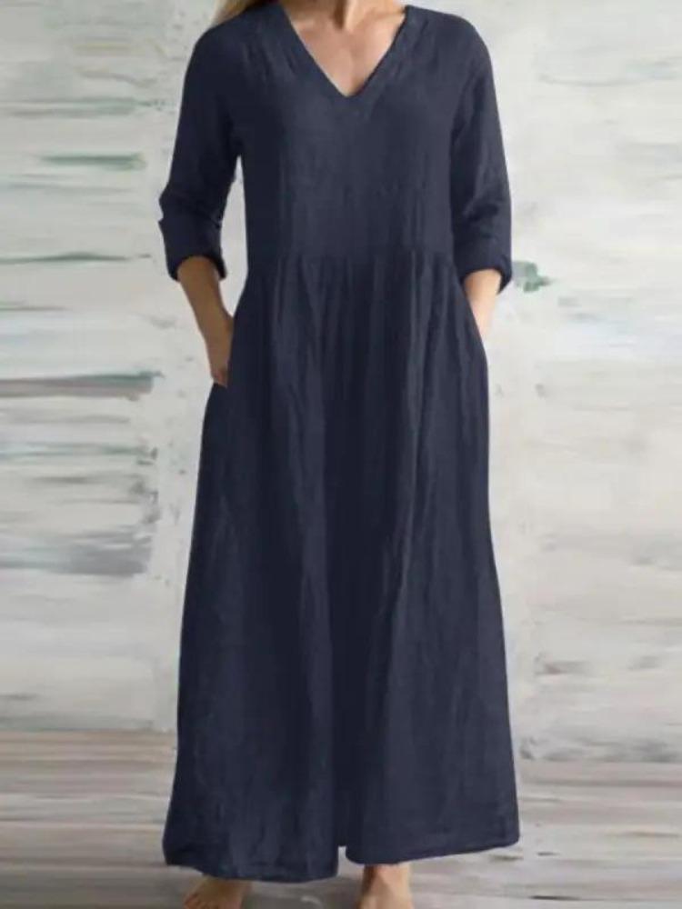 New Casual Women Loose Long Maxi Dress V Neck Half Sleeves Simple Style Cotton Linen Vestido Lady Dress for Spring Autumn