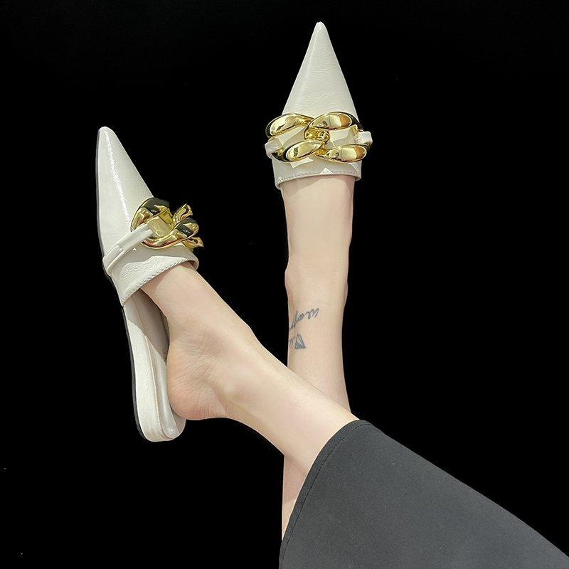 Fashion Aphixta 2025 Fashion New Big Chain Mules Women Slides Pointed Toe Ladies Shoes Summer Footwear Slippers