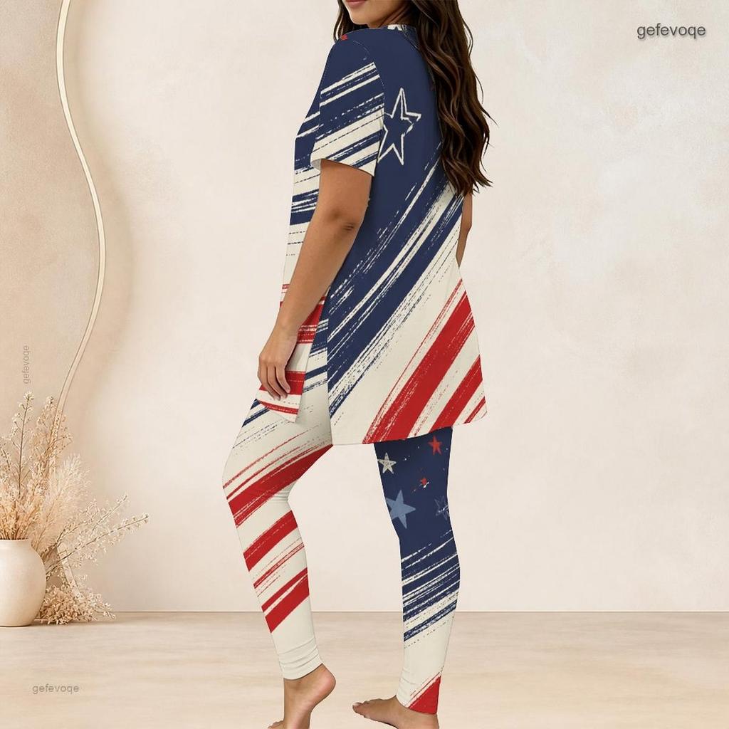 Women Plus Size Two Piece Set Round Neck Short Sleeve Star Stripe Printed Long Top Fitted Pants