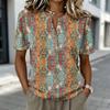 Damen Kurzarm Henley Shirt Knopfleiste Baumwoll-Leinen-Mischung Lässiges Bedrucktes Oberteil Leicht Atmungsaktiv Sommerbluse