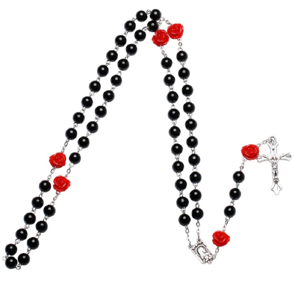 6MM Catholic Glass Beads Rosary Necklace For Women Red Rose Long Chain Crucifix Cross INRI Pendant Men Religious Prayer Jewelry