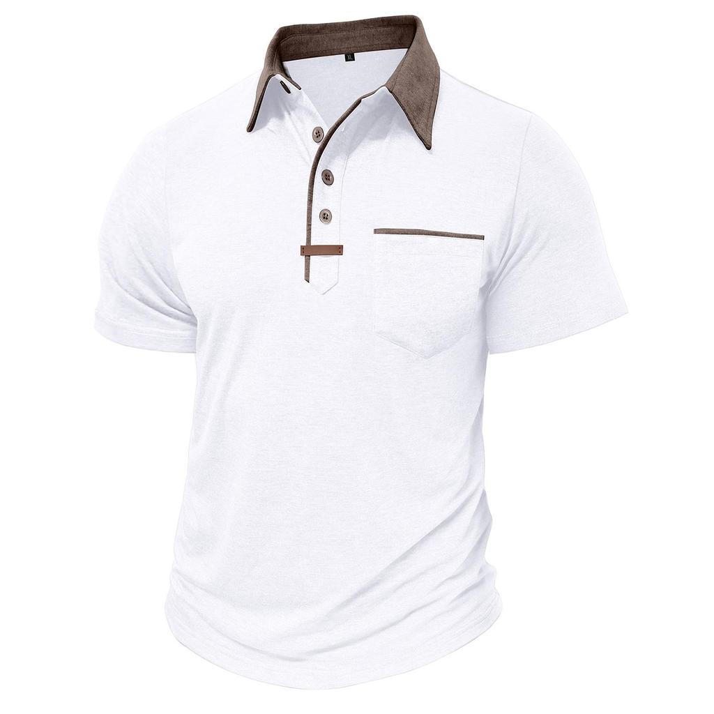Men’s Short Sleeves T-shirts Lapel Collar Color Block Polo Shirts Chest Pocket Summer Tops Casual Wear