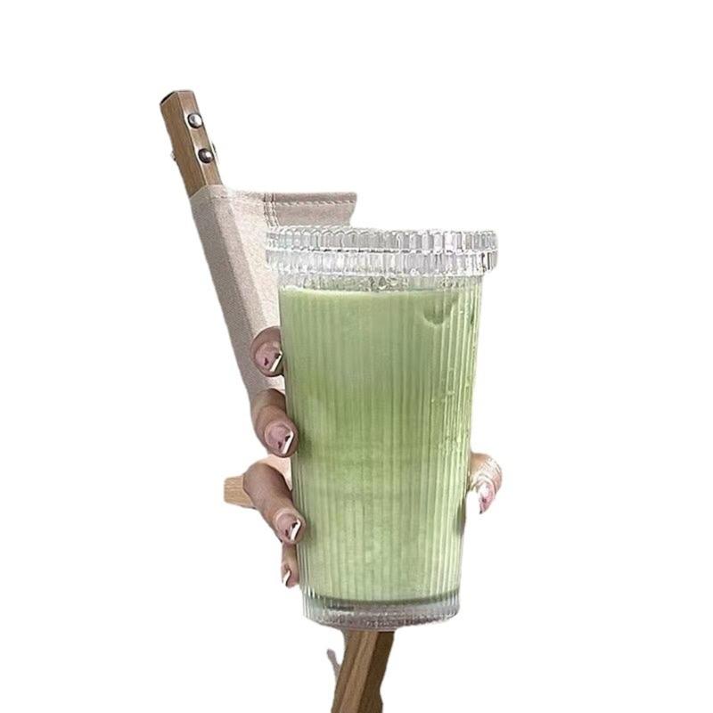 Coffee Mugs Milk Cup Glass Material Striped Glass Cup with Straw Drinking Cup Juice Cup Glass Material for Any Occasion