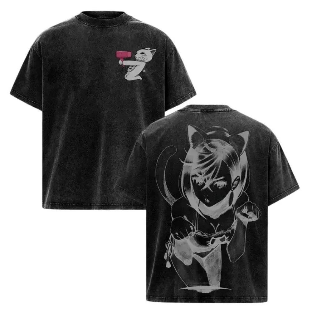 Dandadan Takakura Ken (Berserk Form) & Lucky Cat Vintage Washed Double-Sided Anime T-Shirt, Unisex Supernatural Manga Fan Streetwear Tee
