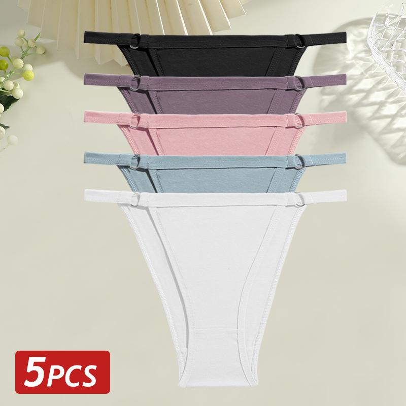 5PCS/Set Women Cotton Briefs Sexy Low Rise Panties Metal Ring Hollow Breathable Underwear Solid Color Comfortable Lingerie M-2XL