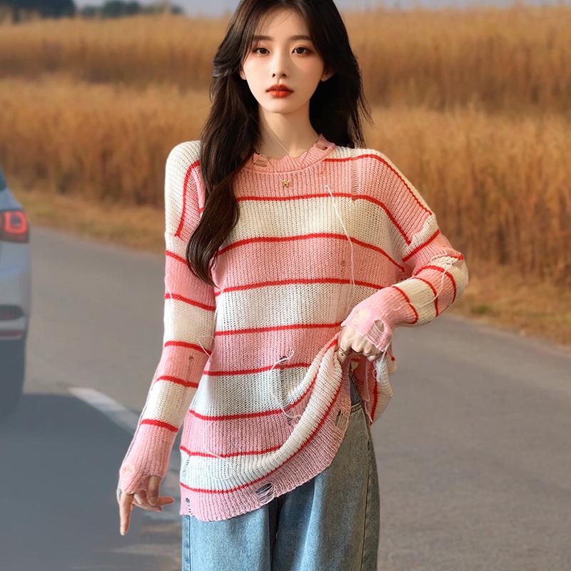 Autumn 2025 Korean Striped Ripped Loose Knit Sweater