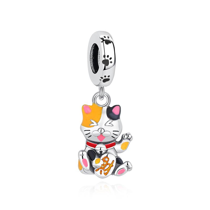 Original 925 Sterling Copper Charms Maneki Neko Lucky Fortune Cat Beads Pave CZ Fit Brand Bracelets Necklaces Women Zircon