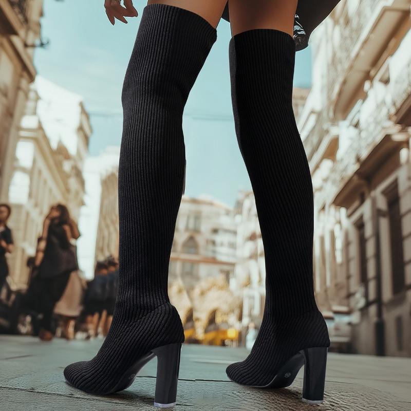 2024 Autumn Hot Sale Women's Knited Sock Boots Autumn Winter Sexy Over-the-Knee Boots Pointed Toe Thick High Heels Long Botas