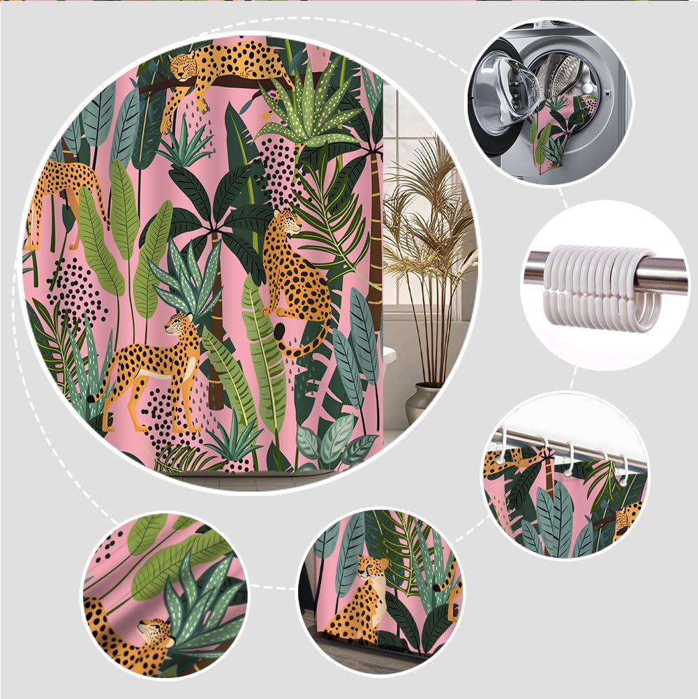 Leopard Shower Curtain Pink Wildlife Animal Leopard Asian Cheetah Tiger Tropical Palm Leaf Jungle Rainforest Plant Modern Boho P