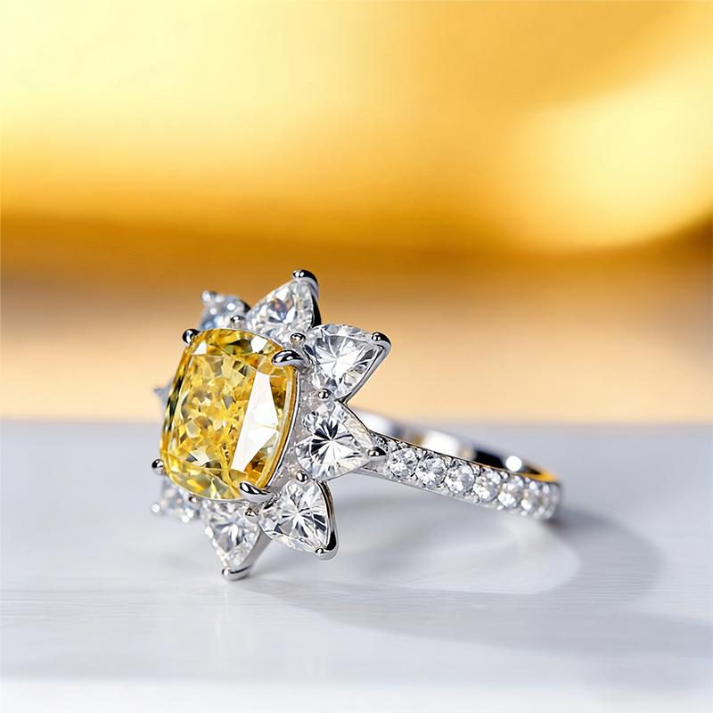 Simple and exquisite floral yellow diamond zircon ring with versatile temperament, high-end feeling, floral full diamond ring