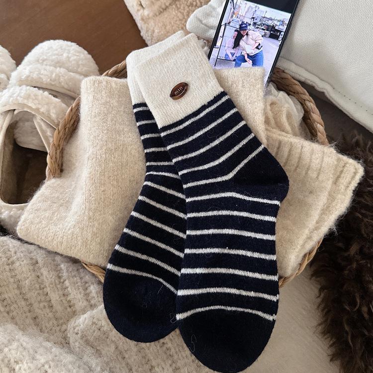 Socks Winter Thickened Boneless Stripe Splicing Tie Warm Stockings, Stockings, Button-Pile Socks