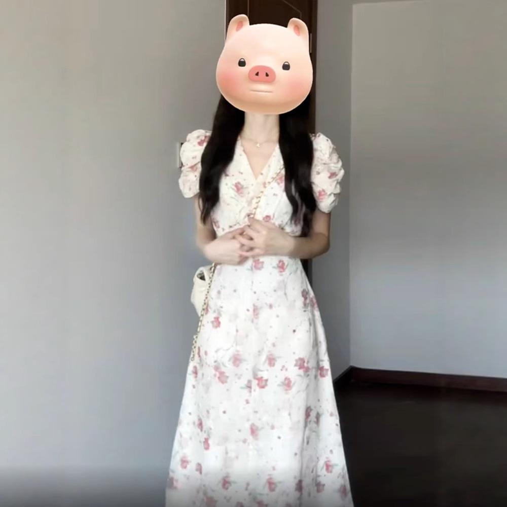 Coffee Break French Bubble Sleeve Floral Dress Women's Small Gentle Sweet Skinny Temperament Waist White Long Dress
