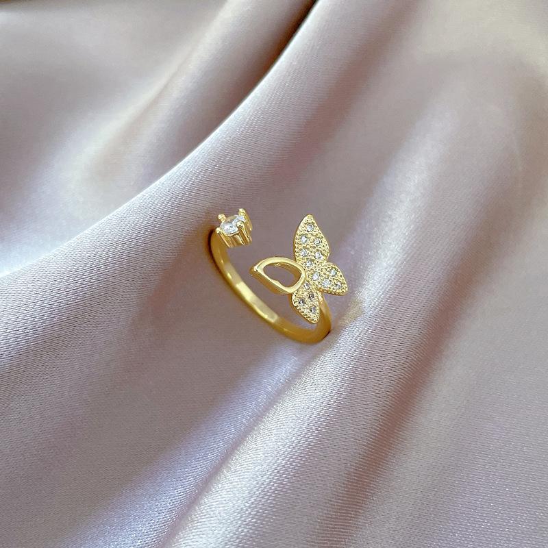 Real Gold Empty Butterfly Full Diamond Ring Opening Adjustable Simple Jewelry Japanese Ring Couple Ring