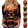 Women's Casual Three-Quarter Sleeve Round Neck T-Shirt with Halloween Print for Festive Occasions