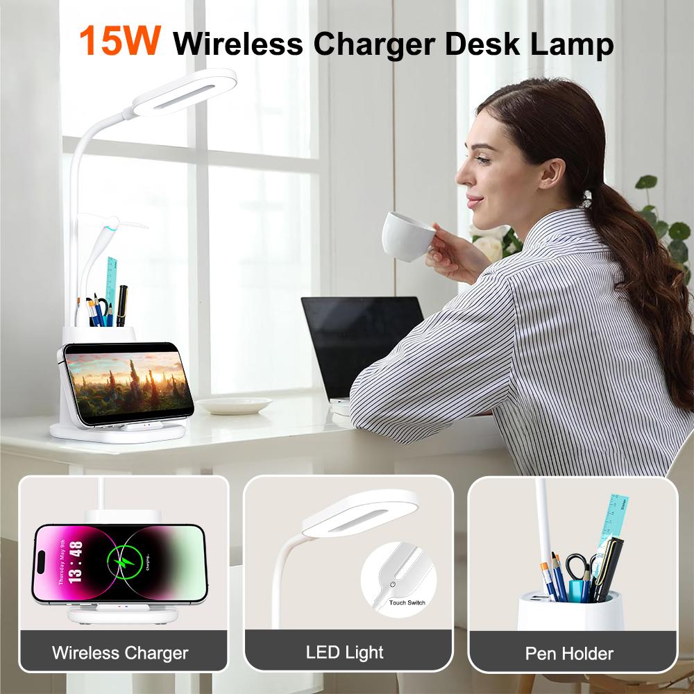 4-in-1 Multifunktionale Kabellose Ladestation Schreibtischlampe mit Stifthalter 15W Schnellladefunktion für Handy für Büro Alltag