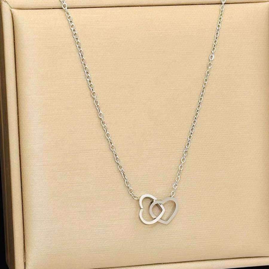 18k Gold-Plated Titanium Heart Double Ring Necklace - Minimalist & Versatile Design for Women