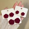Retro New Burgundy Flocked Rose Flower Stud Earrings Plush Camellia Earrings Guochao Ear Jewelry