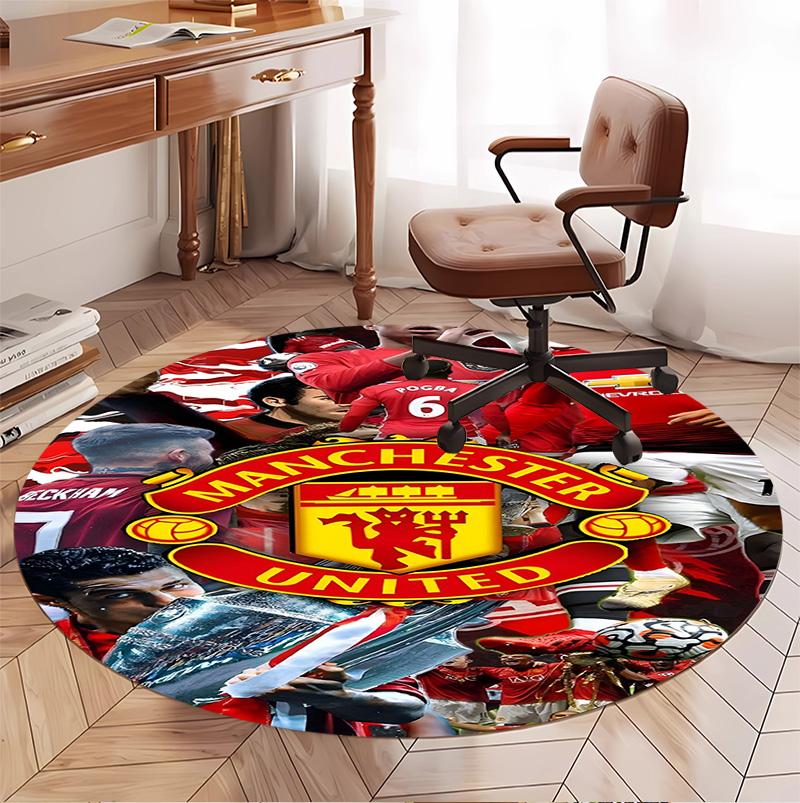 Manchester United F.C Pattern Round Rug, Indoor/Outdoor Mat, for Picnic, Gameroom, Bedroom, Office, Living Room, Home Decor Carpet, Birthday Gift