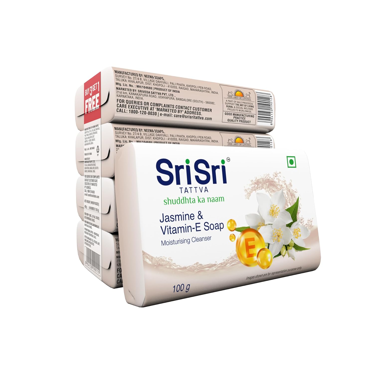 Sri Sri TATTVA Jasmine & Vitamin E Soap 100gm X Pack of 8 | Moisturising Cleanser for Glowing Skin