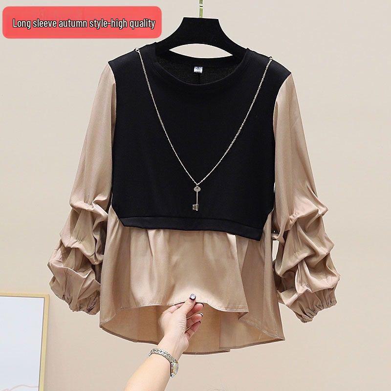 2024 Spring/Autumn Korean Style Patchwork Contrast Slim Long Sleeve Round Neck Two-Piece Shirt