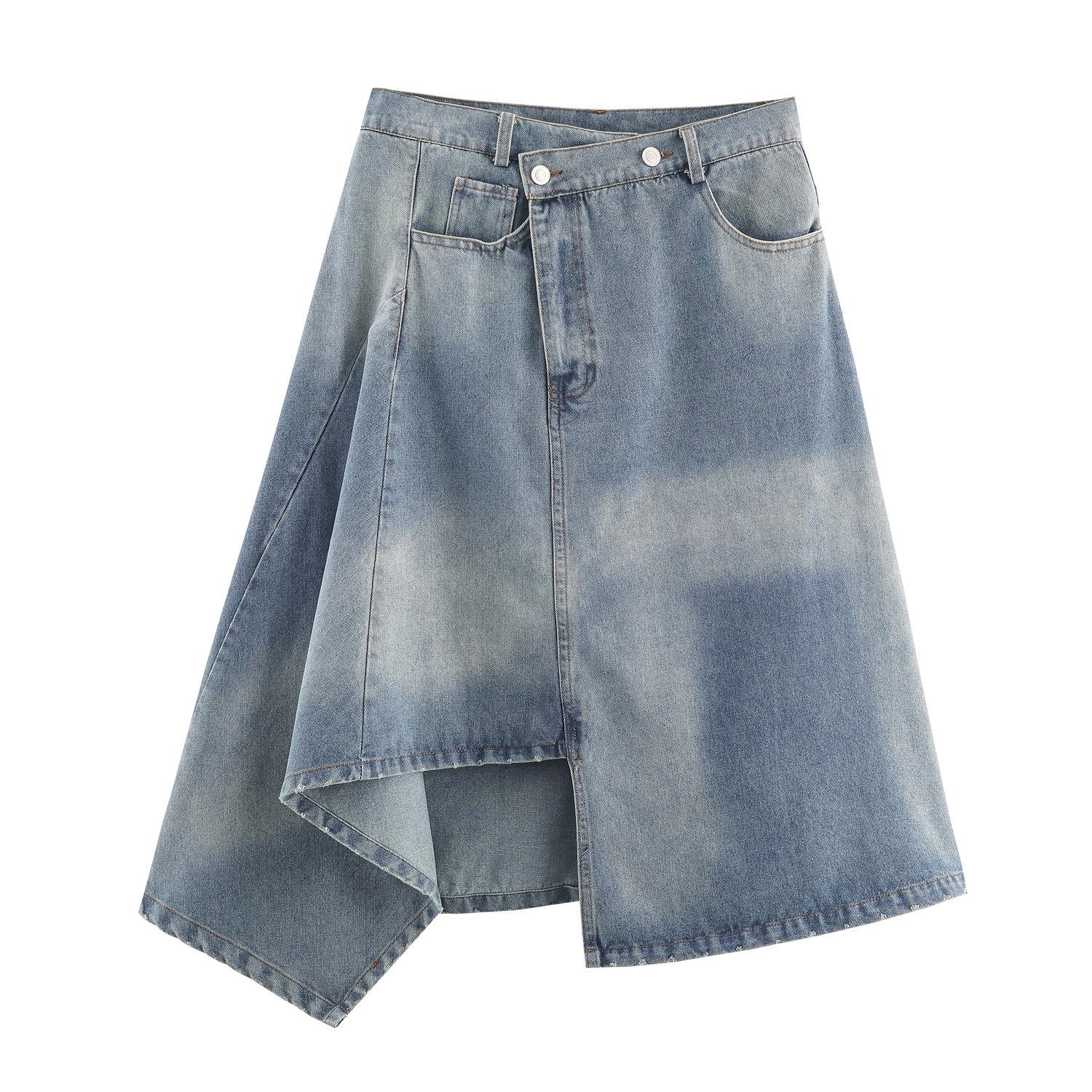 

European & American Women’s Denim Short Jacket + High Waist Midi Skirt Set with Double Lapel Design L