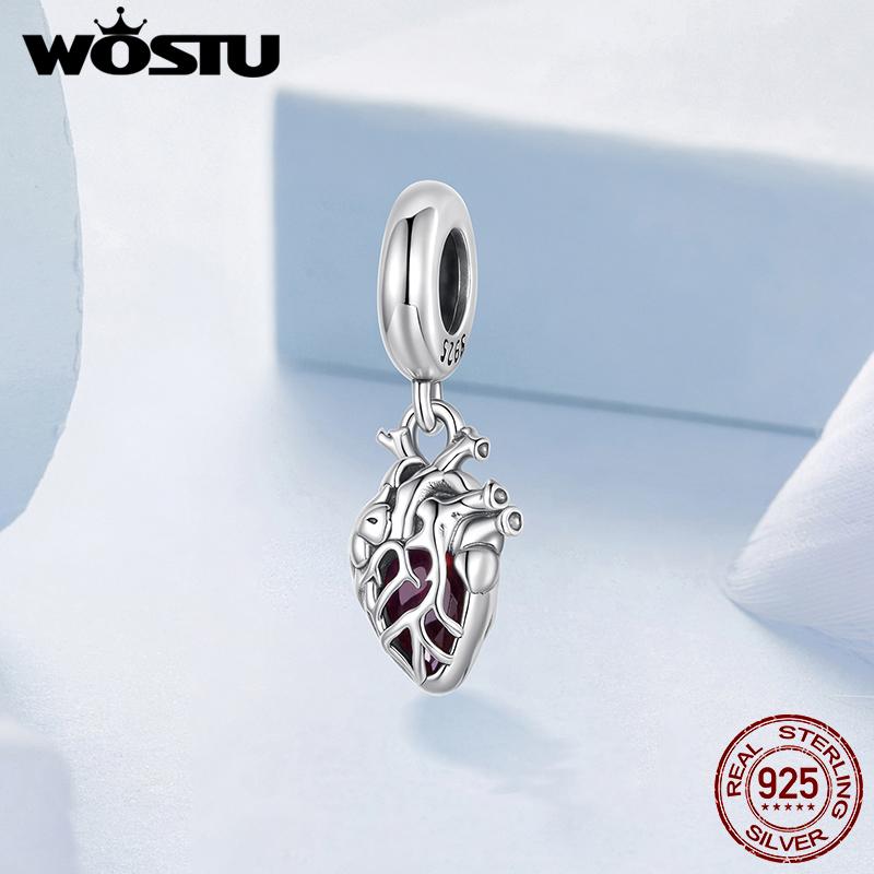 WOSTU 925 Sterling Silver Anatomical Skull Charms Red Heart Pendant Murano Glass Beads for Bracelet Making DIY Jewelry Findings
