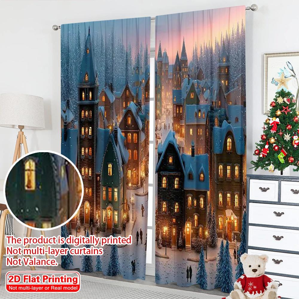 2pcs 2D flat printing Merry Christmas Popular Curtains Beautiful winter snow city 100% Polyester Without Electricity Festive