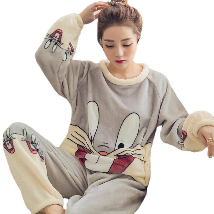 Damska Urocza Zimowa Piżama z Polaru Koralowego - Gruby Aksamitny Flanelowy Zestaw z Długim Rękawem