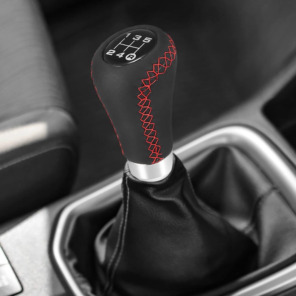 uxcell Shift Knob Gear Lever Shifter MT Stick Shift Knob Black Universal 5 Speed PU Leather Red Stitching