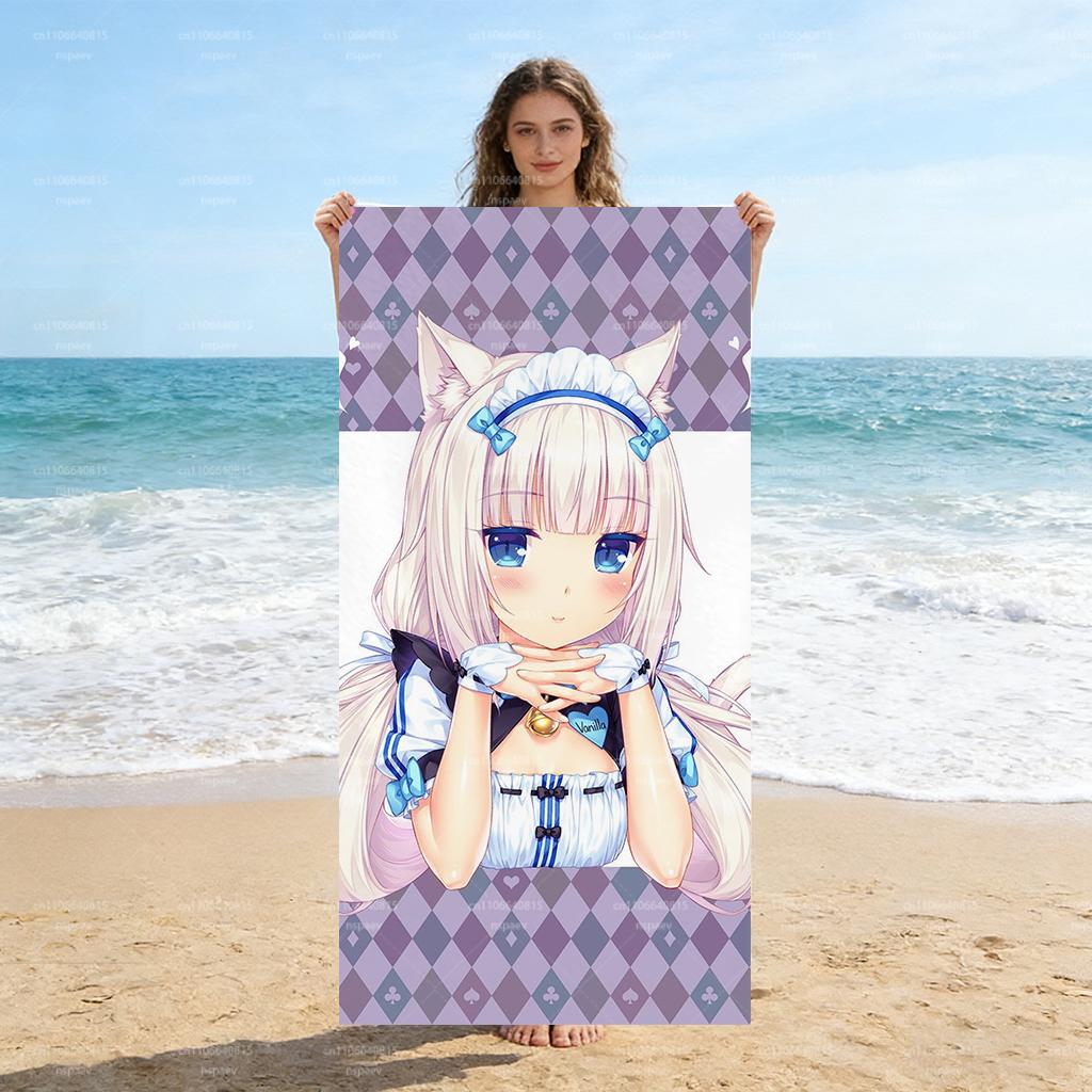Пляжное полотенце с аниме-персонажем Ванилла из Nekopara, Быстросохнущее впитывающее банное полотенце, Мягкое полотенце из микрофибры для плавания и кемпинга 40X60CM
